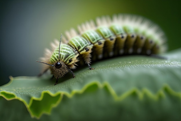 A closeup macro photograph of a green caterpillar on a leaf Generated by AI