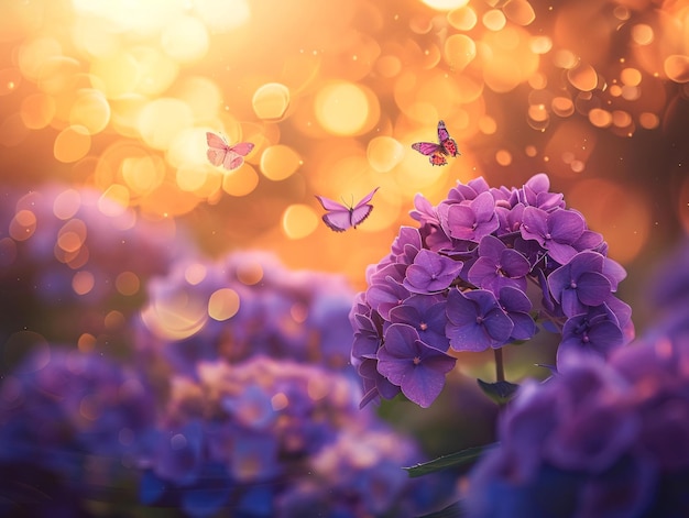 Closeup macro photograph of vibrant purple hydrangea flowers in a garden at sunrise capturing intricate petal details and butterflies gracefully flying around with a warm golden glow enhancing