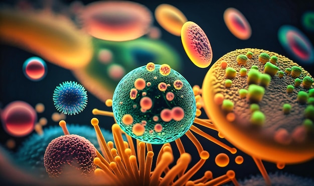 A closeup macro shot of different types of microbes such as virus cells and bacteria