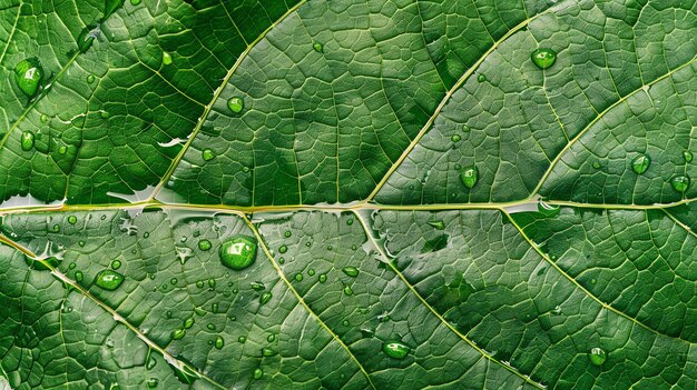 Closeup macro shot of a green leaf with water droplets