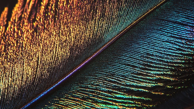 Photo closeup macro shot of a peacock feather showing iridescent colors and textures