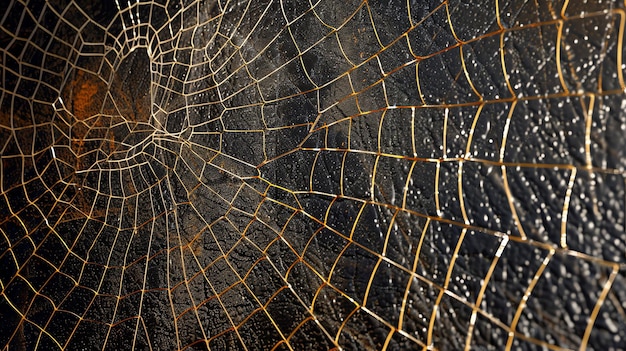 Photo a closeup macro shot of a spider web with water droplets hanging from the strands