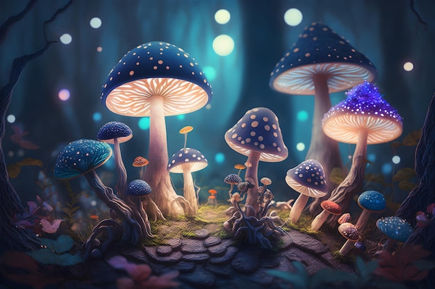 Closeup magical glowing mushrooms in the mystical forest Fairytale background Generated AI