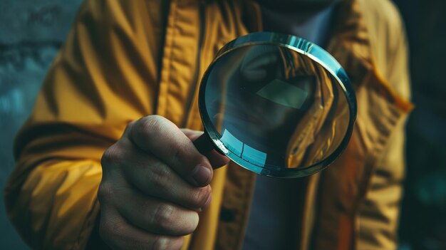 Photo closeup of a magnifying glass in hand with distorted background effect