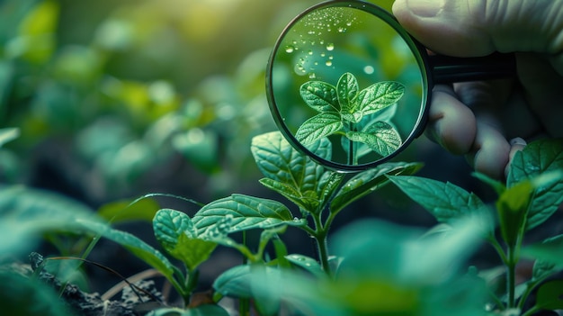 Photo closeup of a magnifying glass held over green plant leaves highlighting water droplets and plant details in nature