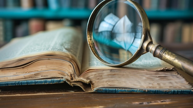 A closeup magnifying glass on the opened book on the desk