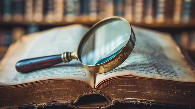 A closeup magnifying glass on the opened book on the desk