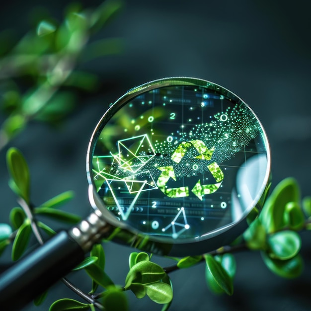 Photo closeup of a magnifying glass revealing co2 symbols dissolving green energy transformation