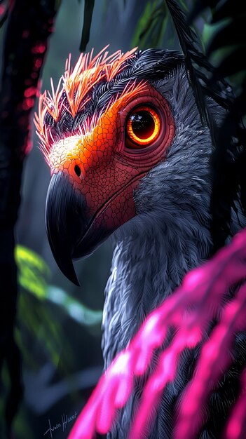 Closeup of a Majestic Bird with Glowing Eyes in a Lush Forest