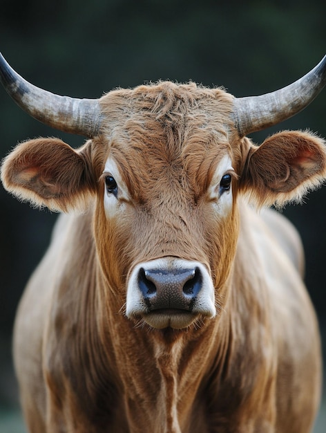 CloseUp of a Majestic Brown Cow with Horns in Natural Setting