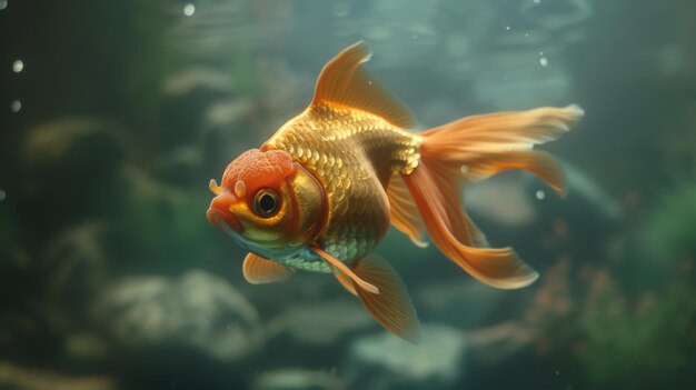 Closeup of a majestic goldfish with flowing fins and shimmering scales gliding elegantly through the serene waters of its tank