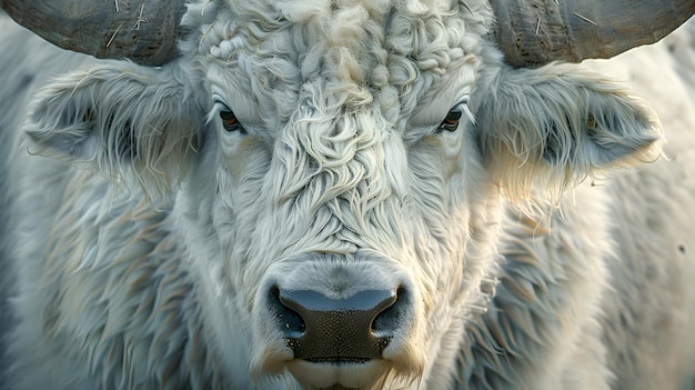 CloseUp of a Majestic White Bull with Curly Fur and Large Horns in Natural Light