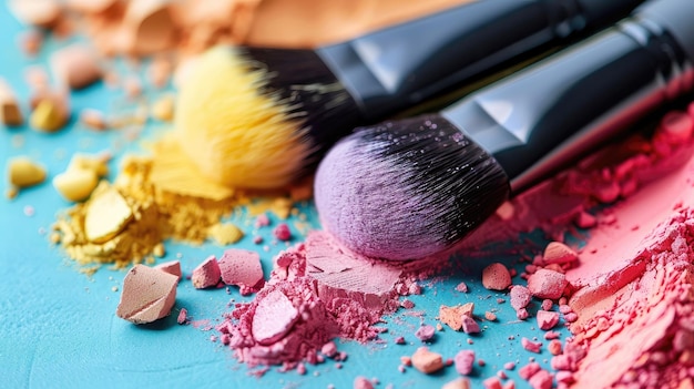 Closeup of makeup brushes on bright cosmetic powder splashes