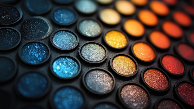 Photo closeup of a makeup palette with shimmery eyeshadows