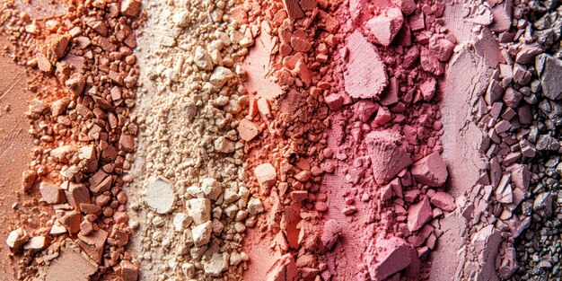 A closeup of makeup powders in translucent and colored varieties arranged in a gradient