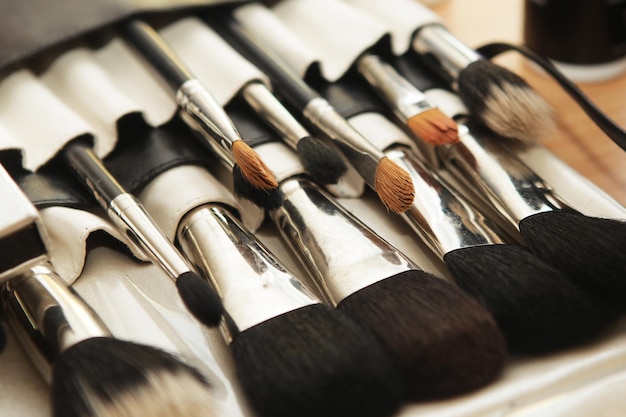 Closeup of makeup tools in their holder