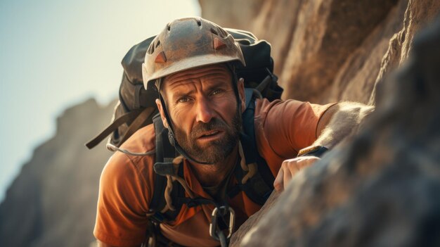 Closeup of a male climber climbing a high cliff Wearing a protective suit using devices against the background of Mountains and Clouds Extreme outdoor sports Active lifestyle bouldering concepts