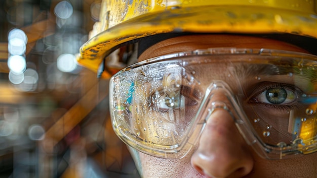 Closeup of a male construction workers face wearing safety glasses covered in water droplets