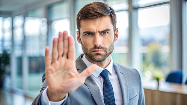 Photo closeup of male corporate worker making disagreeing hand gesture