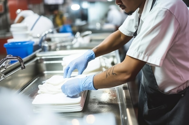 Photo closeup of male dishwasher washing a dish in a modern restaurant kitchen handyman concept