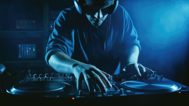 Closeup of a male DJ working under the blue light Generative AI AIG21