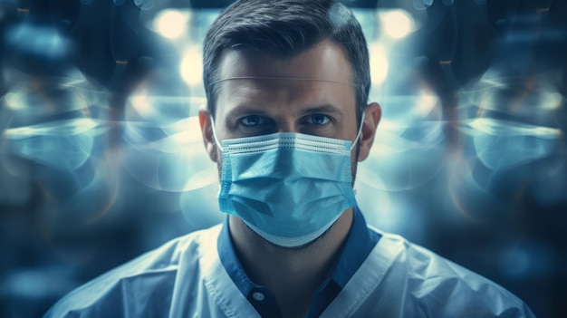 Closeup of a male doctor wearing a white protective suit and mask in a polyclinic hospital The viral Pandemic of the concept