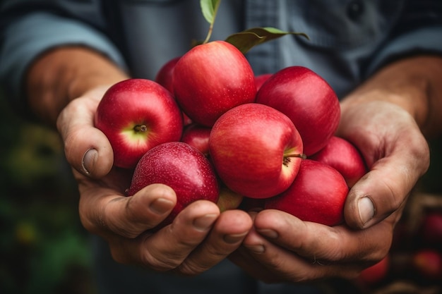 Closeup of a male farmer's hands picking a ripe red apple Generative Ai