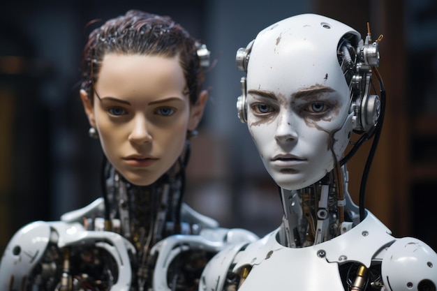 Photo closeup of a male and female android with detailed facial features