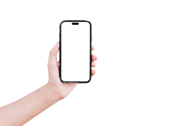 Closeup of male hand holding smartphone with blank on screen isolated on white background Mockup concept