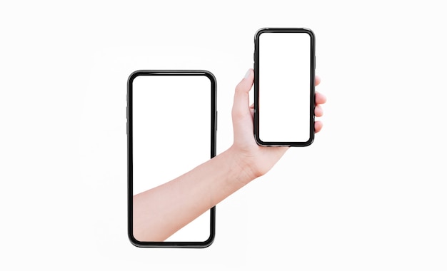 Closeup of male hand holding smartphone with mockup, comes out of the screen of other smartphone isolated on white background. Artwork collage concept.