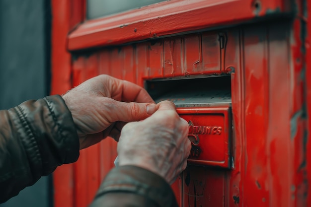 Photo closeup of a male hand putting a letter in a red mailbox