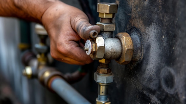 Closeup of male hand turning a valve on a rusted metal gas pipeline industrial maintenance scene