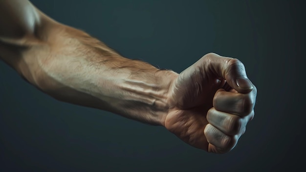 Closeup of a male hand with a clenched fist on a dark background Generative AI illustrations