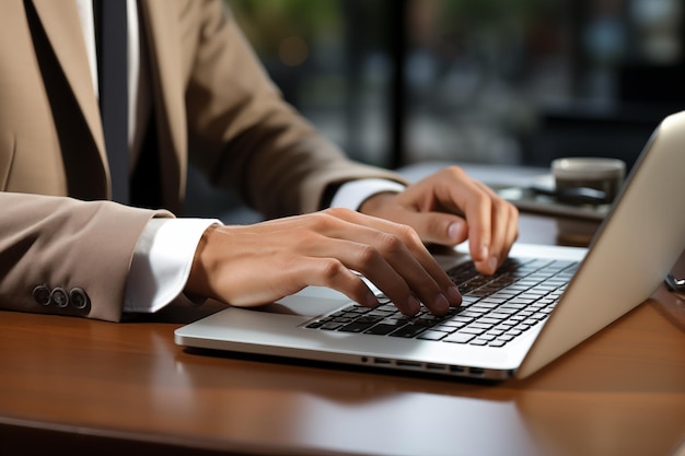 closeup of male hands of businessman pressing on laptop keyboard freelancer technology finance and business