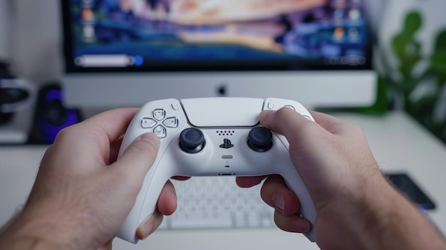 Closeup of male hands holding white wireless gamepad against white computer dream Ai generated