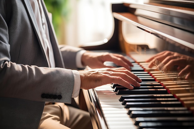 Closeup of male hands playing the piano Focus on hands