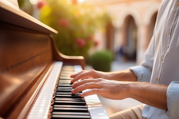 Closeup of male hands playing the piano Focus on hands