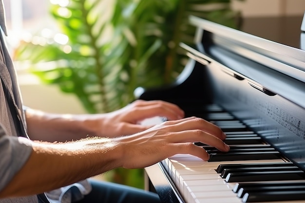 Closeup of male hands playing the piano Focus on hands