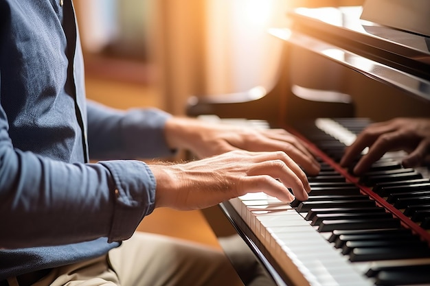 Closeup of male hands playing the piano Focus on hands