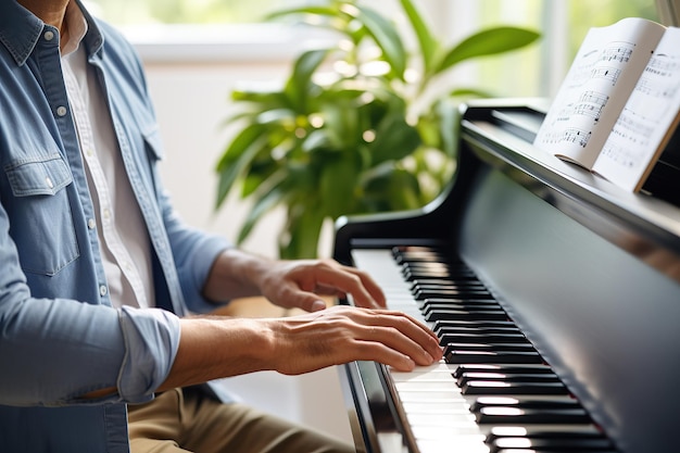 Closeup of male hands playing the piano Focus on hands