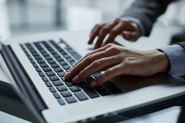 Closeup of male hands using laptop at office