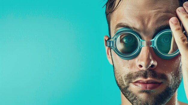 Closeup of a male swimmer with water droplets and clear goggles