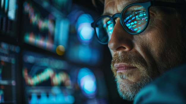 Closeup of a male technician analyzing and monitoring live data on multiple computer screens in a dark room