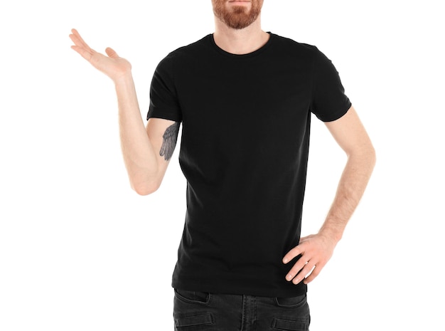 Closeup of man in black Tshirt isolated on white