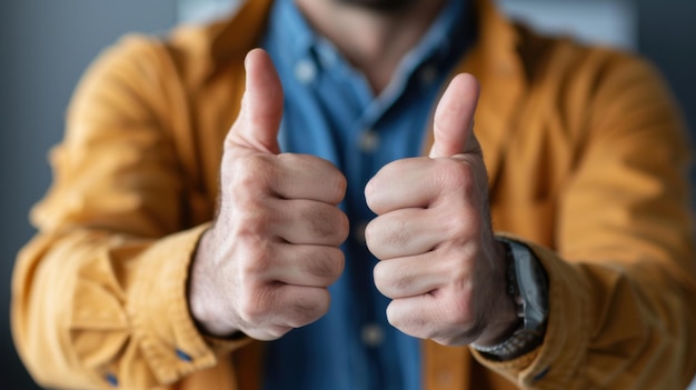 A closeup of a man in casual clothing giving a positive thumbsup gesture with both hands