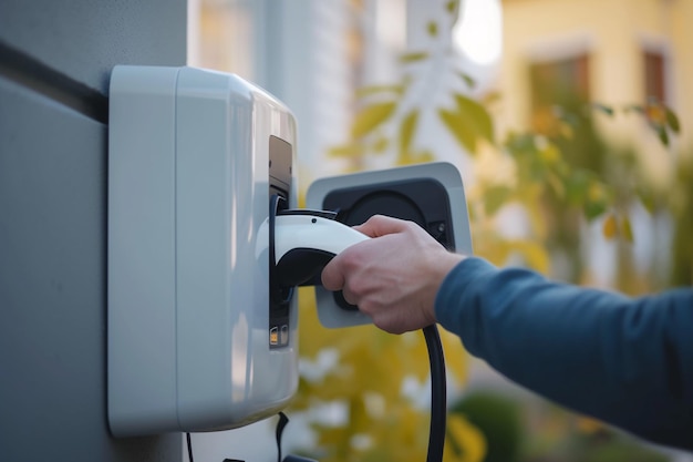 Closeup of a man charging an electric car at a charging station with AI generated