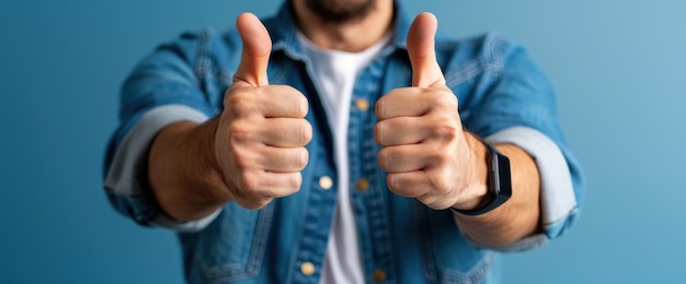 Closeup of a man in a denim shirt giving a thumbsup gesture indicating positivity approval and confidence