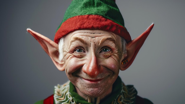 Photo a closeup of a man dressed as an elf smiling playfully at the camera