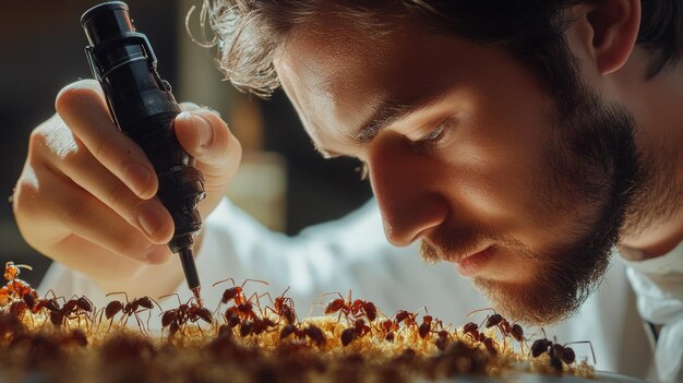 Photo closeup of a man examining ants with a tool