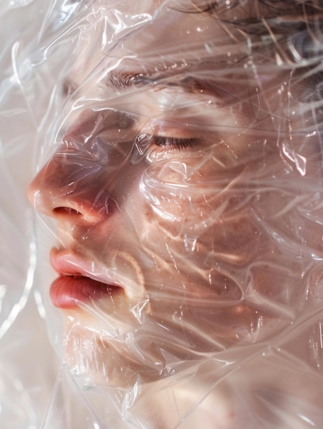 Photo closeup of a man face wrapped in cellophane plastic